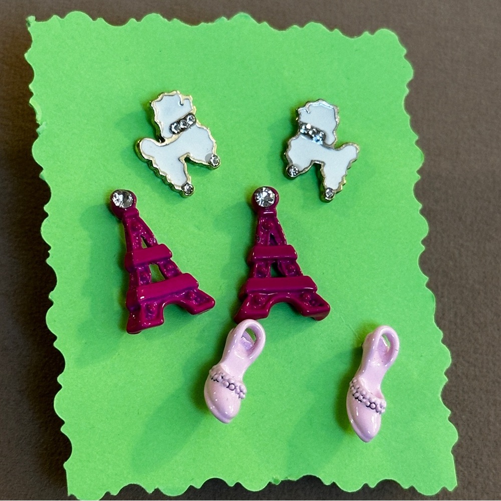 Set of 3 Earrings - France French poodle Eiffel Tower high heels pink romantic
